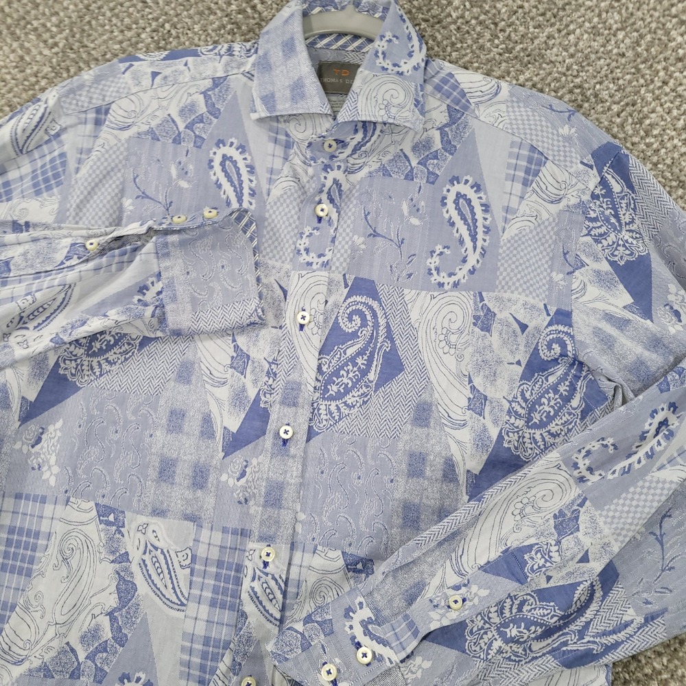Thomas Dean Mens Blue Paisley Patchwork Pima Cotton Button Down Shirt Size Med.